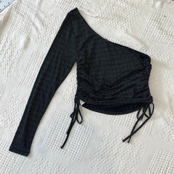 new black shimmer silver stripe one shoulder ruched top TLS1 2915 - Picture 7 of 10